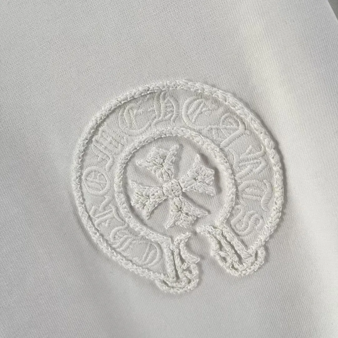 🅿️200 ch Crow* 2025 spring and summer new style Sanskrit horseshoe cross cross vacuum embroidery short-sleeved t-shirt custom fabric 300g same style for men and women Size: S M L XL XXL Five codes Color: black white